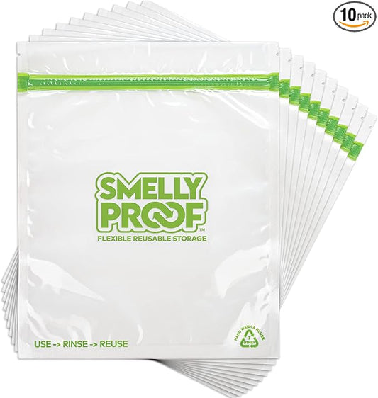 Smelly Proof Reusable Food Storage Bags Designed & MFG, USA MADE, Dishwasher-Safe, Easy-To-Clean, BPA FREE, NO PEVA, Clear FLAT Large 3-mil Thick, 8.5" x 10", Quart Size Ziplock Bags, 10-Pack