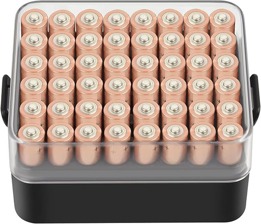 ALCYON Battery Organizer Storage Case, Battery Vault Box Container for 48pcs AAA Batteries, Plastic Clear Protective Battery Holder for Travelling/Home/Office (Black, Small)