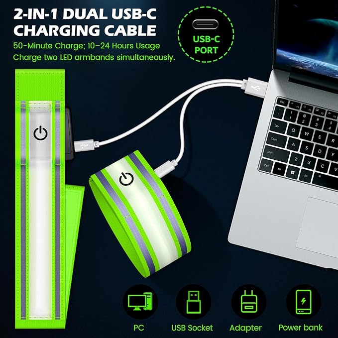 LED Armband for Running 2 Pack, 5 Colors 3 Lights Modes Rechargeable Reflective Light Up Arm Bands, High Visibility Reflective Gear for Running Walking Cycling at Night (Green)