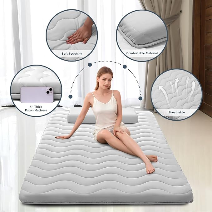 Japanese Floor Mattress, 100% High Density Comfortable Foam, 4" Thicken Foldable Mattress Tatami Mat Sleeping Pad, Ideal for Comfort and Support, Kids Floor Lounger Pillow Bed Sofa (Full）