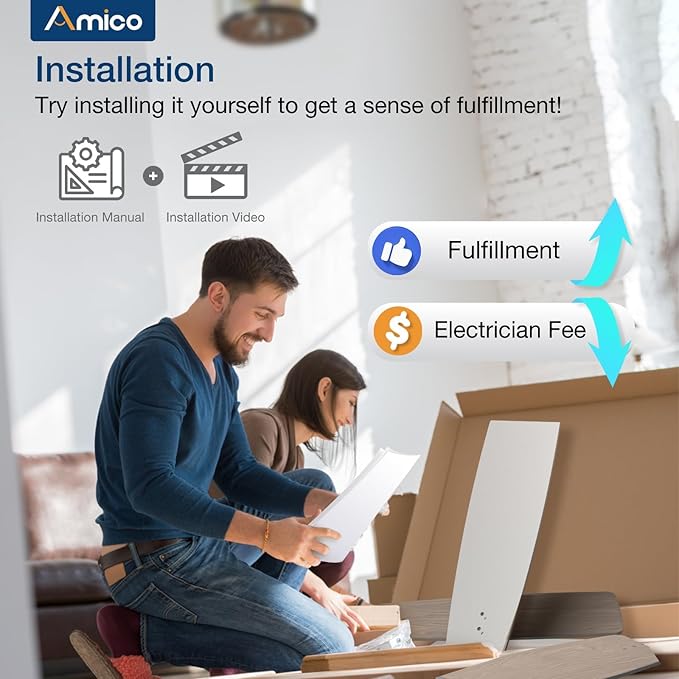 Amico Ceiling Fans with Lights, 52 Inch Ceiling Fan with Light and Remote Control, Nickel Fan, Reversible, 3CCT, Dimmable, Noiseless, Ceiling Fan for Bedroom, Indoor/Outdoor Use