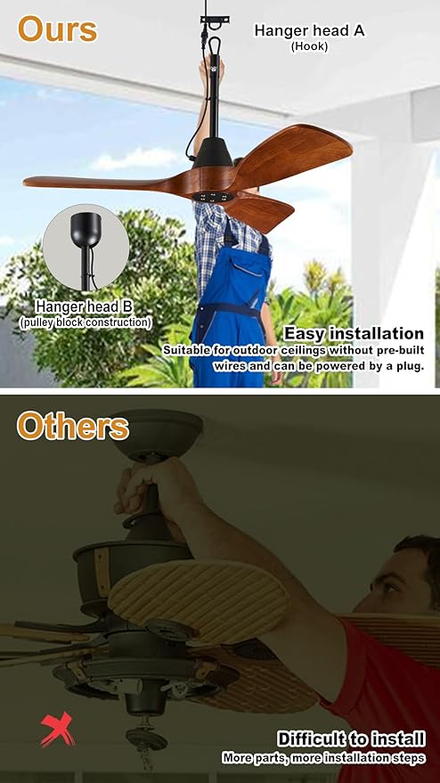 3 Blades Wood Outdoor Ceiling Fan for Patios, Farmhouse Rustic Ceiling Fans, 42" Plug-in Wet Rated Outdoor Gazebo Fan for Exterior House Porch Patio, Waterproof,F248