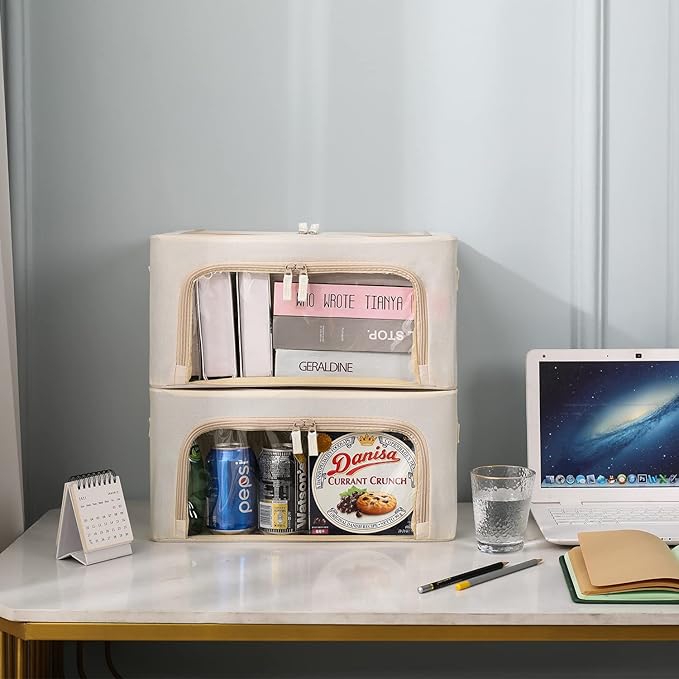 3Pack Frame Storage Box - Clothes Storage Bin Bags Oxford Fabric Foldable Stackable Container Organizer Set with Clear Window & Carry Handles Large Capacity (Beige, Small-22L)