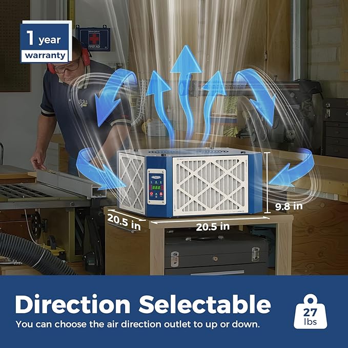 AlorAir 360 degree Intake Air Filtration System - (1350 CFM) with Strong Vortex Fan, Built-in Ionizer, Shop Dust Collector for Woodworking Shop, Garage Works Shop, Purecare 1350IG