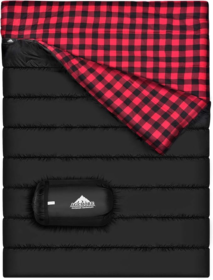 AGEMORE Cotton Flannel Double Sleeping Bag for Camping, Backpacking Or Hiking. Queen Size 2 Person Waterproof Sleeping Bag for Adults Or Teens. Lightweight with Compression Sack