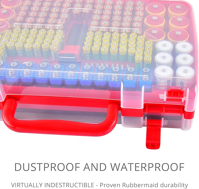 Battery Organizer Storage Holder Box Case with Tester- 269 Batteries Double-Sided Variety Pack, Holds AA AAA 4A C D Cell 9V 3V Lithium LR44 CR2 CR123 CR1632 18650 Button- Red (Box Only)