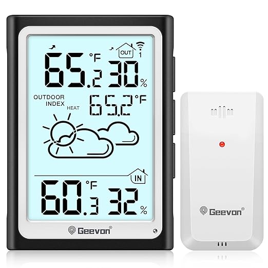 Geevon Large Display Digital Thermometer Hygrometer, Accurate Indoor Outdoor Temperature Humidity Monitoring, Wireless Weather Station with 200ft/60m Range Remote Sensor, Black