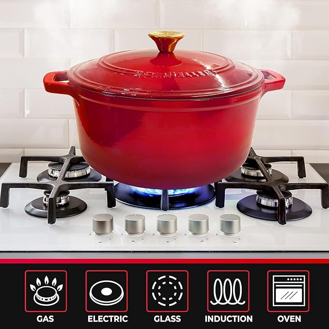 MÜELLERHOME 4.5 QT Enameled Cast Iron Dutch Oven, Heavy-Duty Casserole Dish and Braiser Pan with Lid and Stainless Knob, Oven-Safe up to 500° F & Across All Cooktops, Red