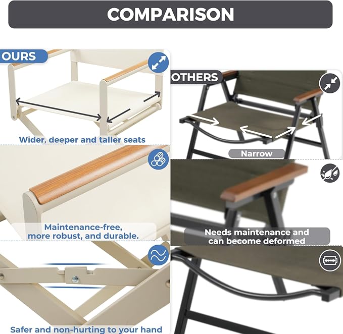 Grand patio Extra-Wide 2-Pack Directors Chairs, Folding Dining Chair Set of 2 with Sling and Woodgrain Armrests, Outdoor, Apricot