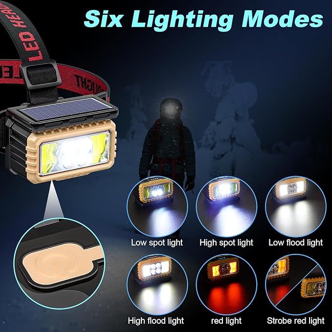 KERNOWO Solar Headlamp for Camping,Rechargeable LED Headlight for Adults with Motion Sensor, Six Adjustable Modes, Waterproof,Lightweight,Flashlight for Cycling,Hiking,Fishing,2-Pack,Black