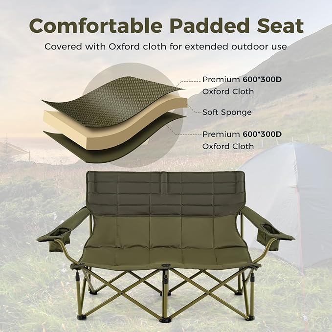 Tangkula 2 Person Oversized Camping Chair, Fully Padded Folding Loveseat Camp Chair with Adjustable Armrests, Cup Holders, Carrying Bag, Portable Double Outdoor Lawn Chair for Camping