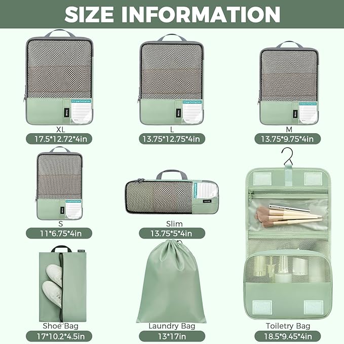 BAGAIL 4 Set/6 Set/8 Set Compression Packing Cubes Travel Accessories Expandable Packing Organizers(HalfMesh, 8-MatchaGreen)