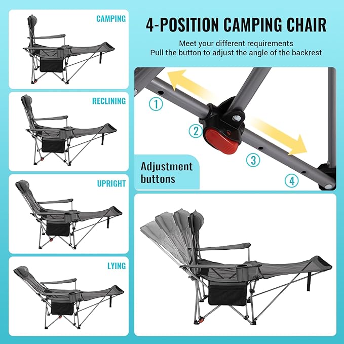 #WEJOY 2-in-1 Reclining Camping Chair with Footrest for Adults Folding Lounge Chair with Adjustable Backrest Lightweight Camping Chairs Heavy Duty Camp Chairs for Outdoor