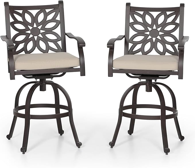 PHI VILLA Outdoor Swivel Bar Stools Set of 2, Cast Aluminum High Top Pub Height Patio Bar Chairs with Seat Cushion