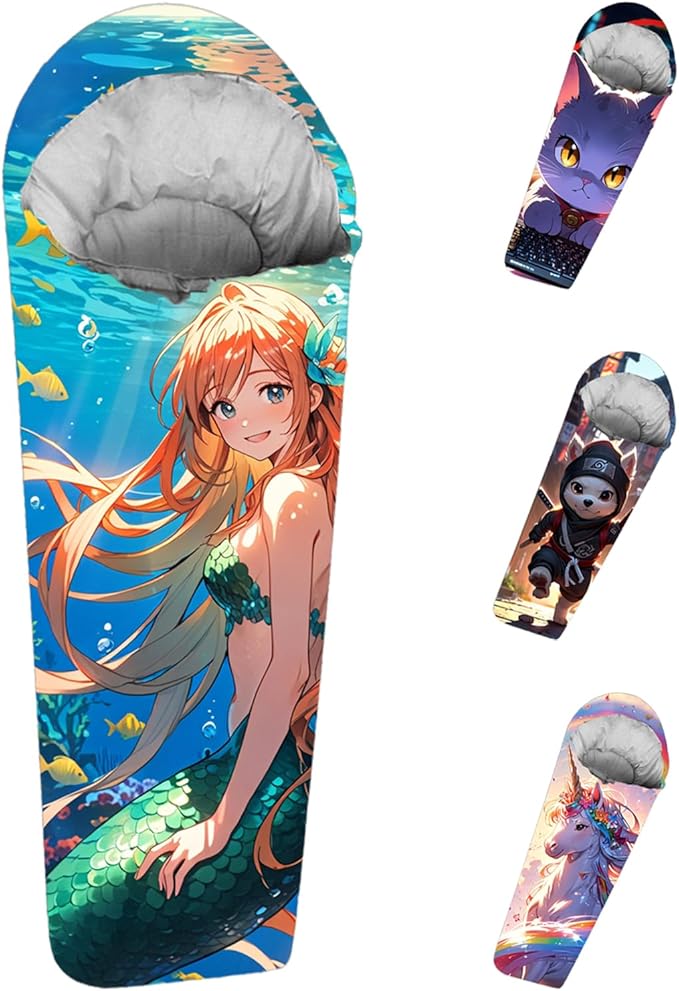 Mummy Style 32 – 59F Kids Sleeping Bag with Pillow Sleeve, Full Scale Digital Printing Unicorn, Mermaid, Kitty or Puppy, Lightweight, Ideal for Camping, Sleepover, Boys, Girls, Youth and Toddlers