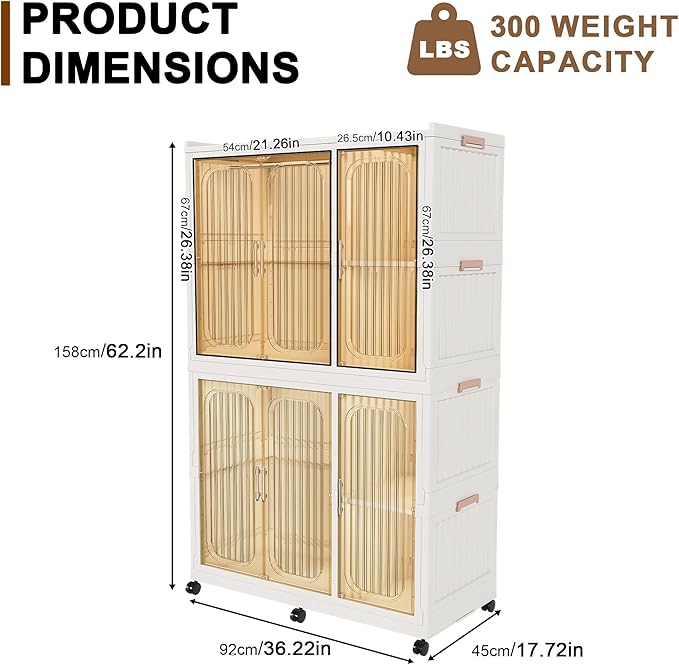 Portable Wardrobe Closet Storage Organizer, Plastic Collapsible Closet Organizer with Transparent Magnetic Door, for Bedroom Living Room,Easy Assemble,4 Cubes & 2 Hanging Rod