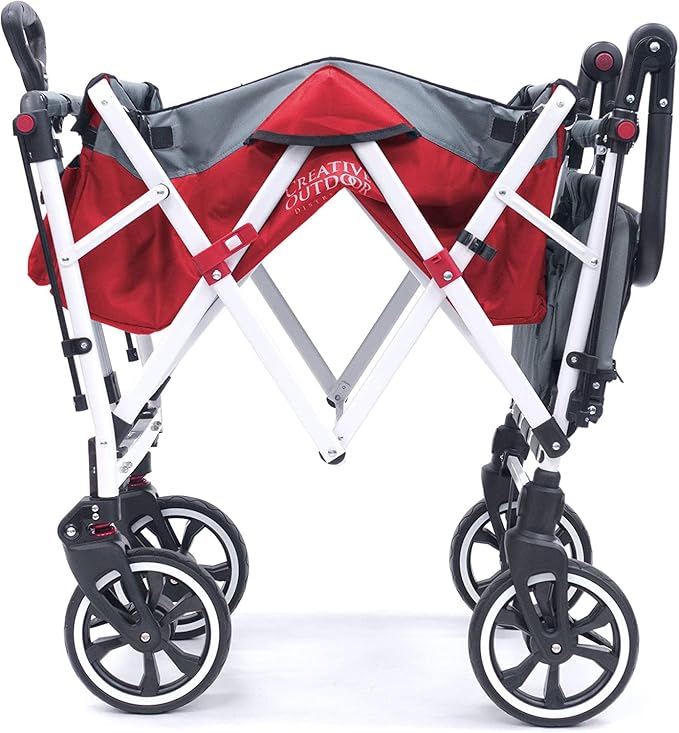 Creative Outdoor Push Pull Collapsible Stroller Wagon for Kids with Canopy,150lbs Weight Capacity, Folding Cart, Titanium Series Plus, Beach, Park, Garden (Red & Grey)
