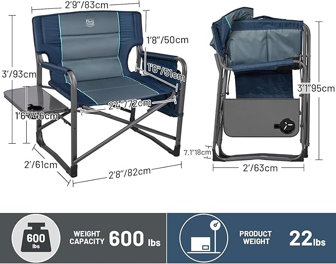 TIMBER RIDGE XXL Upgraded Oversized Directors Chairs with Foldable Side Table, Detachable Side Pocket, Heavy Duty Folding Camping Chair up to 600 Lbs Weight Capacity (Blue) Ideal Gift, 2 Pack