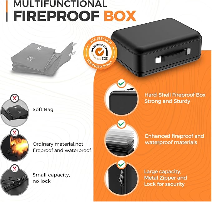 Fireproof Document Box with Combination Lock, Fireproof Water Resistant Hard Case Safe Box for Important Documents Certificates Laptop Passports (Black)