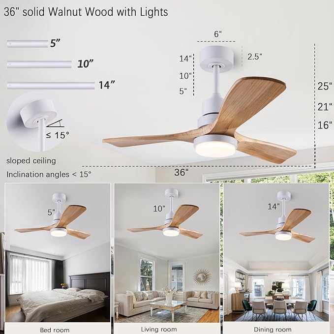 36" Ceiling Fans [with Lighting Remote Control], Indoor Outdoor Modern Wooden Ceiling Fan [with 3 Solid Wood Blades] for Kids' Rooms, bedrooms, Offices and More.…
