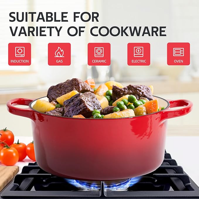 6 Quart Dutch Oven Enameled Cast Iron with Lid - Big Dual Handles - Oven Safe up to 500°F - Classic Round Pot for Versatile Cooking (Red, 6 QT)