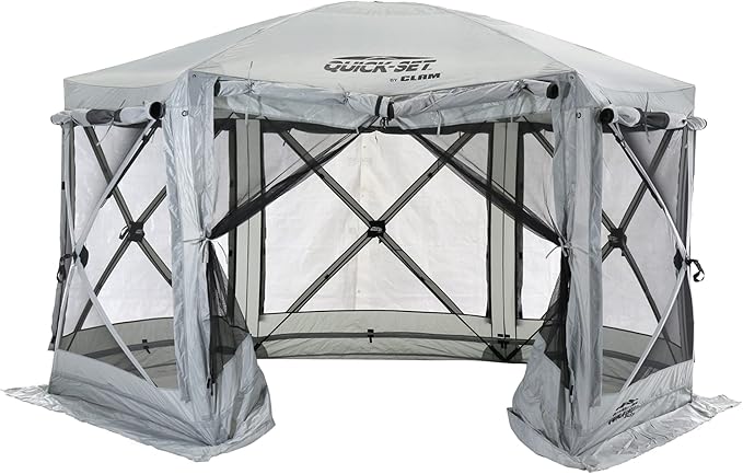 CLAM Pop Up Screen Tent, Outdoor Camping Gazebo Canopy, Pavilion, 12.5', Gray - Heavy-Duty Portable Screened Shelter with Netting for Beach, Patio, and Backyard