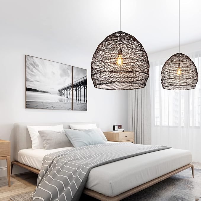 Arturesthome 19.6" Rattan Chandelier for Kitchen,Black Woven Basket Pendant Light Shades, Handwoven Pendant Lampshade for Bedroom Kitchen Farmhouse