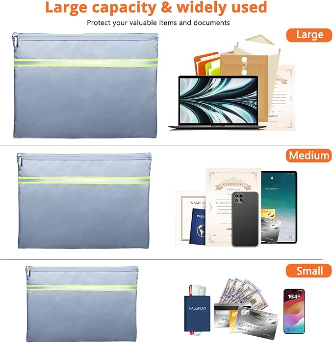 Fireproof Document Bag – 3 Pack (15" x 11", 13" x 9.7", 10.5" x 8") Fireproof & Water- proof Document Organizer | Document Holder with Zipper Secure for Cash, Passports, Check& More