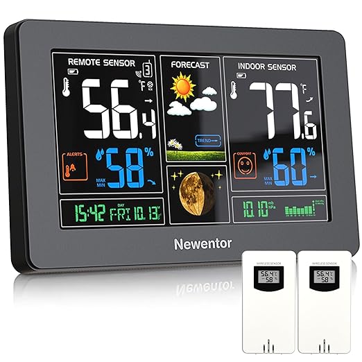 Newentor Weather Station Wireless Indoor Outdoor Thermometer, Color Display Digital Weather Thermometer with Atomic Clock, Barometric Pressure, Forecast Station with Adjustable Backlight,Black,2Sensor