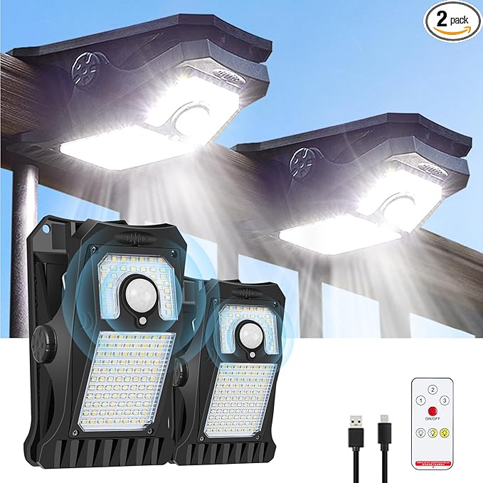 Solar Motion Sensor Lights Outdoor, Clip on Solar Lights Outdoor Waterproof, High Bright Solar Powered Security Lights for Outside Fence Chain Link Camping (2, 118 LED)