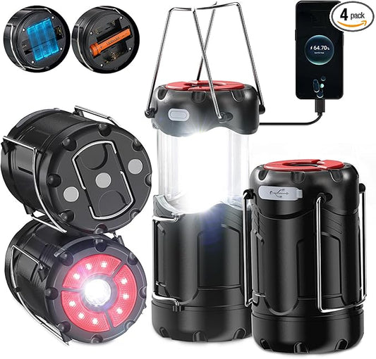 4 Pack Collapsible LED Camping Lantern, Consciot USB C Rechargeable and Battery Powered 2-in-1 Emergency Light with Flashlight and Magnetic Base, Power Outages Hurricane Supplies Survival Kits
