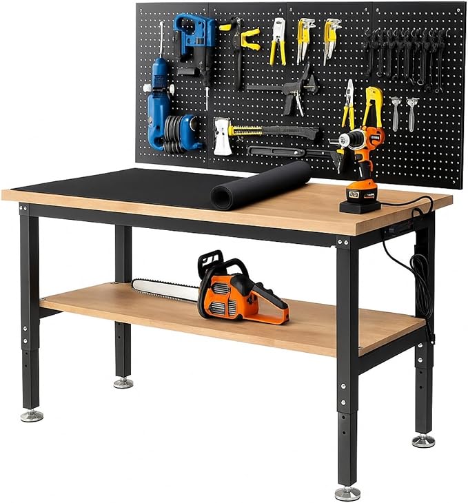 60 Inch Work Bench for Garage Adjustable Height Workbenches with Under Table Shelf Pegboard Pad Power Outlets Work Table for Woodworking, Home, Office, Workshop