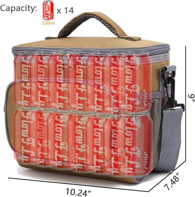 FlowFly Insulated Reusable Lunch Bag Adult Large Lunch Box for Women and Men with Adjustable Shoulder Strap,Front Zipper Pocket and Dual Large Mesh Side Pockets,Brown