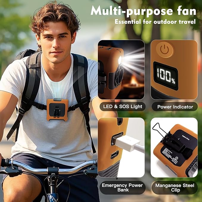 Portable Fan Wearable Personal Fan with 5 Speed Max 55 Working Hours Low Noise Portable Neck Fans Cooling Waist Fans for Camping Traveling LED Light Power Display 10000mAh Power Bank(Orange)