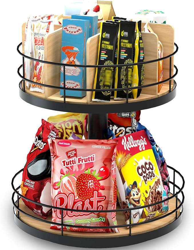 Snack Organizer - Versatile Snack Storage 2 Tier Lazy Susan with Convenient Grab-and-Go Design, Wood and Metal Snack Holder for Home, Office, Breakroom, 12.13" L x 12.13" W x 12.56" H