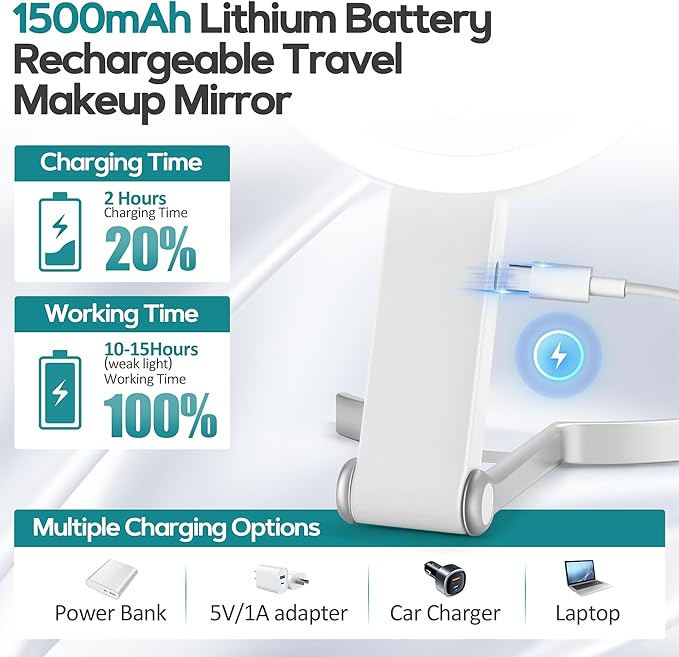 B Beauty Planet 30x/1x Magnifying Travel Mirror with Light, Double-Sided Rechargeable Adjustable Brightness 3 Colour Lighting, Folding, Handheld/Hangable/Tabletop, 3 Ways Using Mirror, White