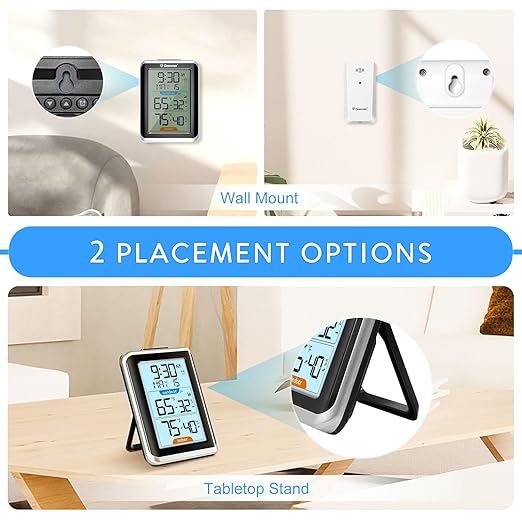 Geevon Wireless Indoor/Outdoor Thermometer & Hygrometer, Digital Temperature & Humidity Sensor with Time, Clock, 200ft/60m Range, 3.8‘’ Large Display