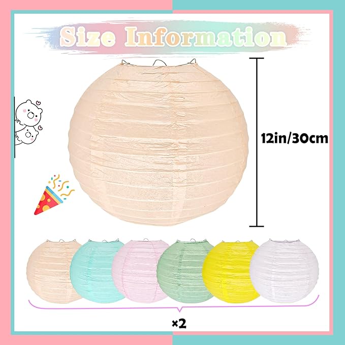 12Pcs 12" Colorful Pastel Paper Lanterns for Classroom Spring Children's Room Mother's Day Baby Shower Wedding Birthday Party Decorations, Macaron Rainbow Pastel Classroom Decor (12 inch)
