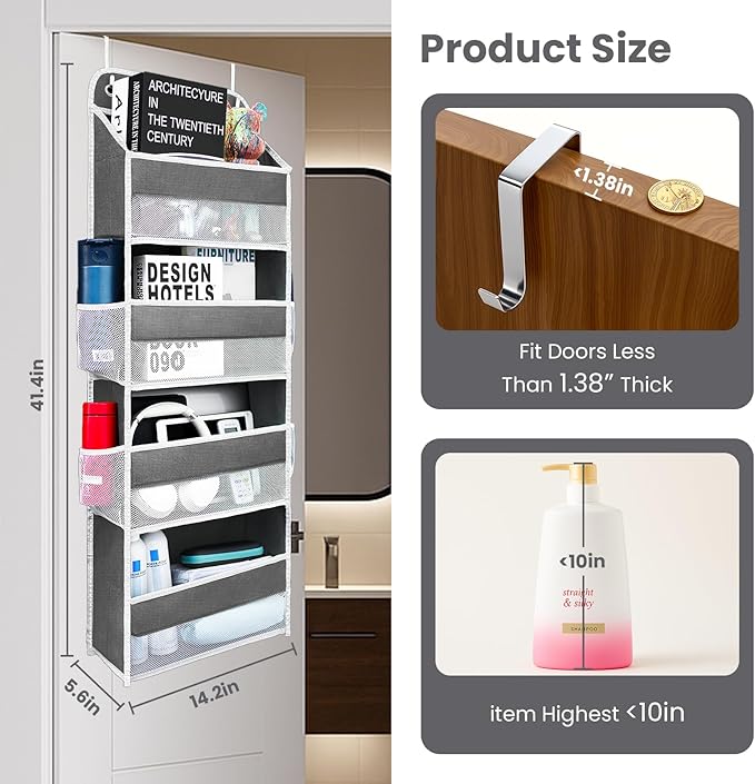 Over The Door Organizer with 4 Side Mesh Pockets, 44lb Weight Capacity Hanging Behind The Door Storage Suitable for Storing Toys, Shoes, Towels, Grey