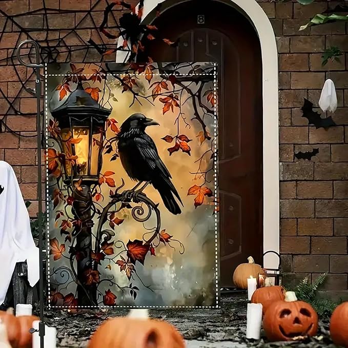 Halloween Garden Flag for Outside 12x18 Inch Double Sided, Crow Small Yard Flags for Outside, Halloween Outdoor Flag Front Porch Decorations for Home