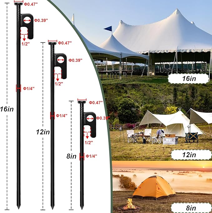 10Pcs Tent Stakes, 12in Heavy Duty Tent Stakes with Storage Pouch, Forged Steel Tent Sakes Metal, Metal Stakes for Tent Used (10Pcs, 12in, Diameter 1/4")