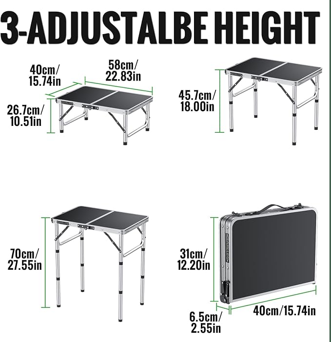 GARLLEN Folding Table, Adjustable Height Camping Table, Lightweight Portable Aluminum Picnic Table (22.8" L x 15.7" W (3 Height)) for Outdoor BBQ Dining Cooking