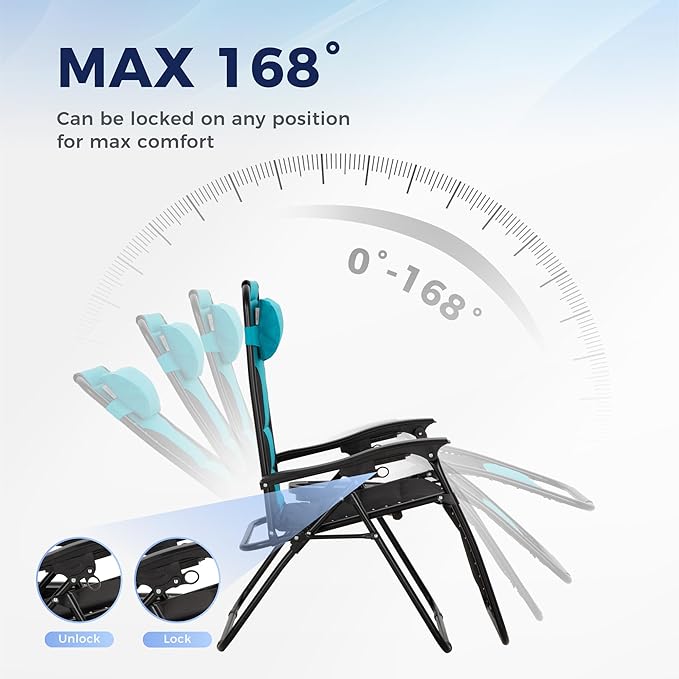 MAISON ARTS Oversized XXL Padded Zero Gravity Chair, Lawn Outdoor Lounge Chairs Set of 2, Foldable Recliners 28" Wide Seat Anti-Gravity for Patio Camping Poolside Yard, Support 400lbs, Aqua