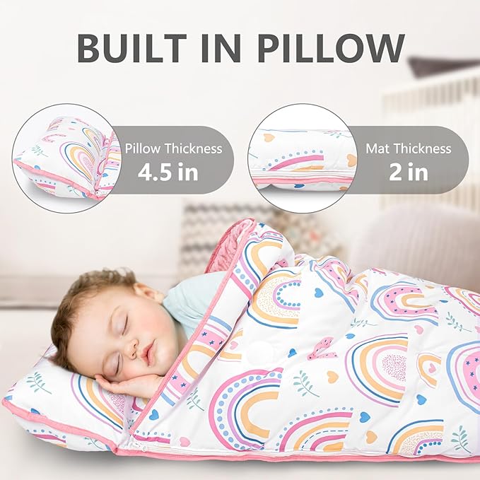 Primlect Toddler Nap Mat Extra Large Thickened 55''x35'', Soft Sleeping Bag with Detachable Minky Blanket and Pillow, Portable for Daycare, Preschool, Kindergarten, Travel, Boys and Girls