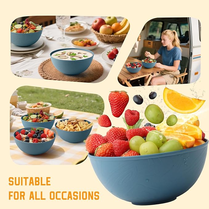 Homienly Bowls for Kitchen, Premium Wheat Straw Bowl 6 PCS, Unbreakable LIghtweight Salad Bowl with Texture, Alternative to Plastic Bowls Reusable, Microwave and Dishwasher Safe, Freezer Safe- Blue