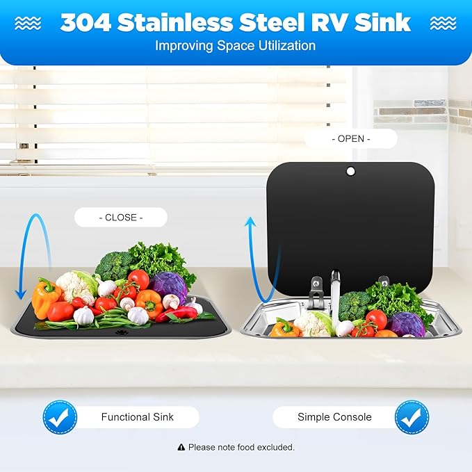 17-Inch Undermount RV Bar Kitchen Sink Workstation Single Bowl Stainless Steel Hand Wash Basin Drop In Sink with Folde Lid Cover Accessories and for RV Bar Cafe Boat Kitchen Camper Van Outdoor BBQ