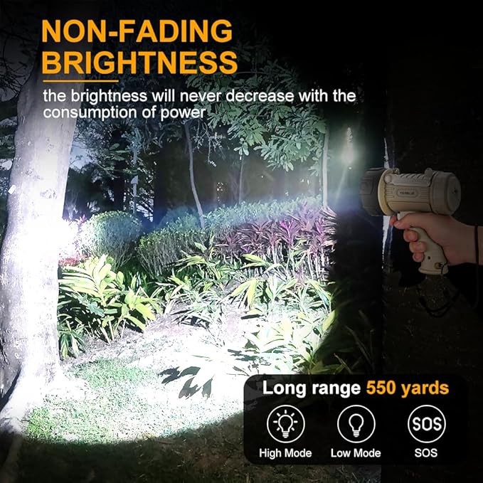 YIERBLUE Rechargeable Spotlight Flashlight with 99,000 High Lumen LED, IP67 Waterproof Long Running Spot Light searchlight, Impact Resistant Handheld Spotlight with Foldable Stand and Red Lens