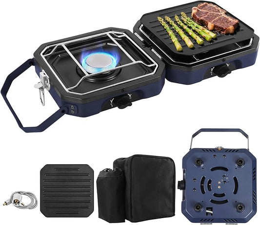 Dollate 2-Burner Propane Stove with Griddle and Carrying Bag, Portable Foldable Camping Stove with 2 Adjustable Burners 16000 BTUs,for Camping Tailgating Essentials Gear (Blue)