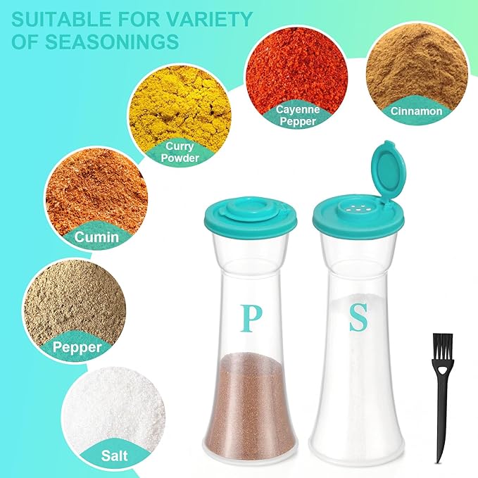 Set of 2 Clear Salt and Pepper Shakers, Plastic Spice Jars with Colorful Lids, Leakproof Moisture-Proof for Home Kitchen Restaurant, Camping, Travel, Picnic (Light Green)