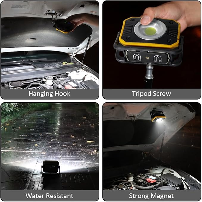 Sunzone Rechargeable LED Work Light,Portable Flood Light with Magnetic Base,Super Bright Waterproof Job Site Lighting for Camping,Hiking,Car Inspection with Emergency Mode(2 Pack)